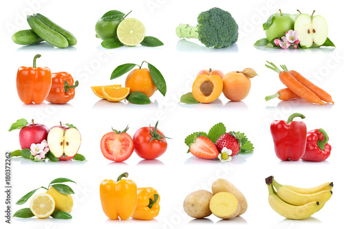 Früchte Obst und Gemüse Apfel Tomaten Orange Zitrone Karotten Farben Sammlung Freisteller freigestellt isoliert