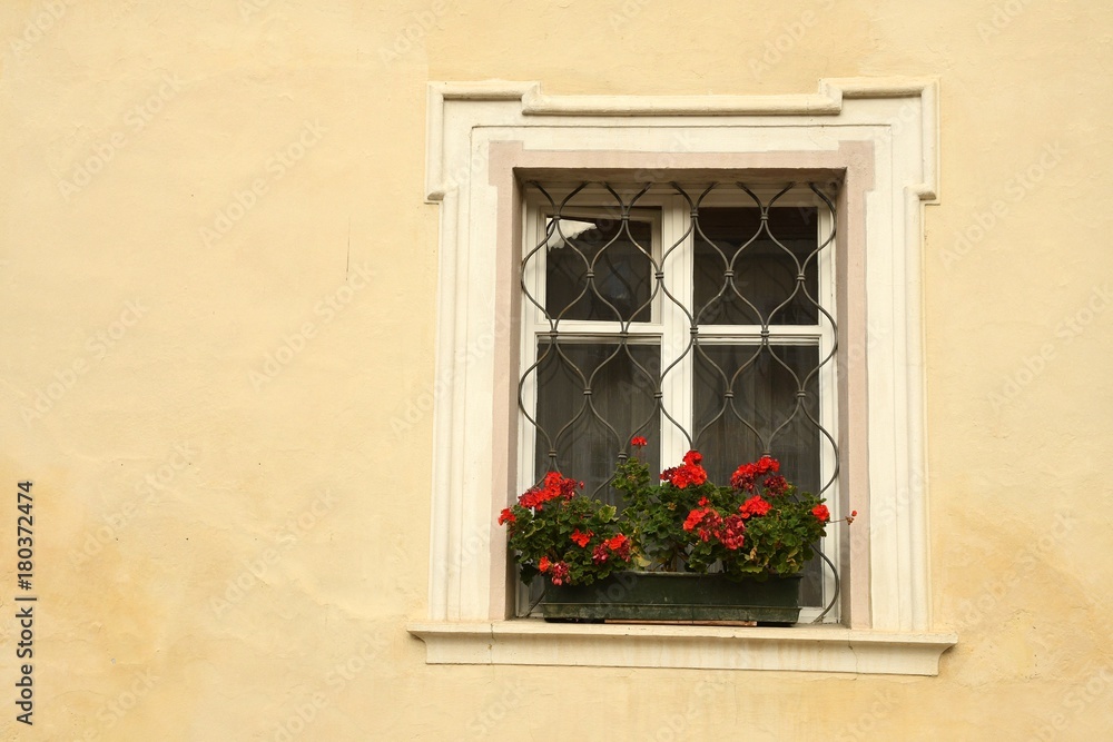 windows with red flowers in the centre of Brixen/Bressanone, Bolzano. Italy.