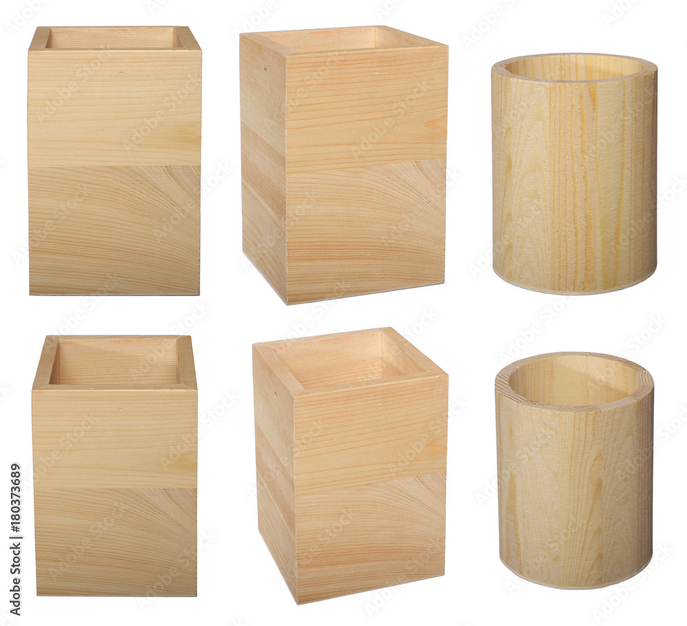 Rectangular and round raw wooden boxes for small items. Isolated on white background.