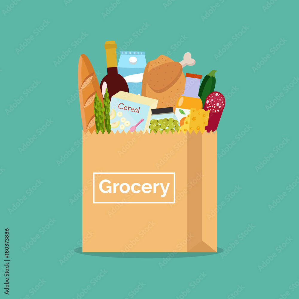 Naklejka Paper bag with fresh food. Shopping at the grocery store. Vector illustration. Flat design.