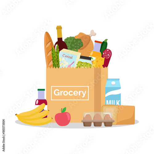 Paper bag with fresh food. Shopping at the grocery store. Vector illustration. Flat design.