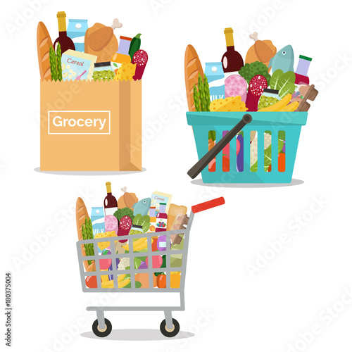 Grocery in a paper bag, in a cart and shopping basket.