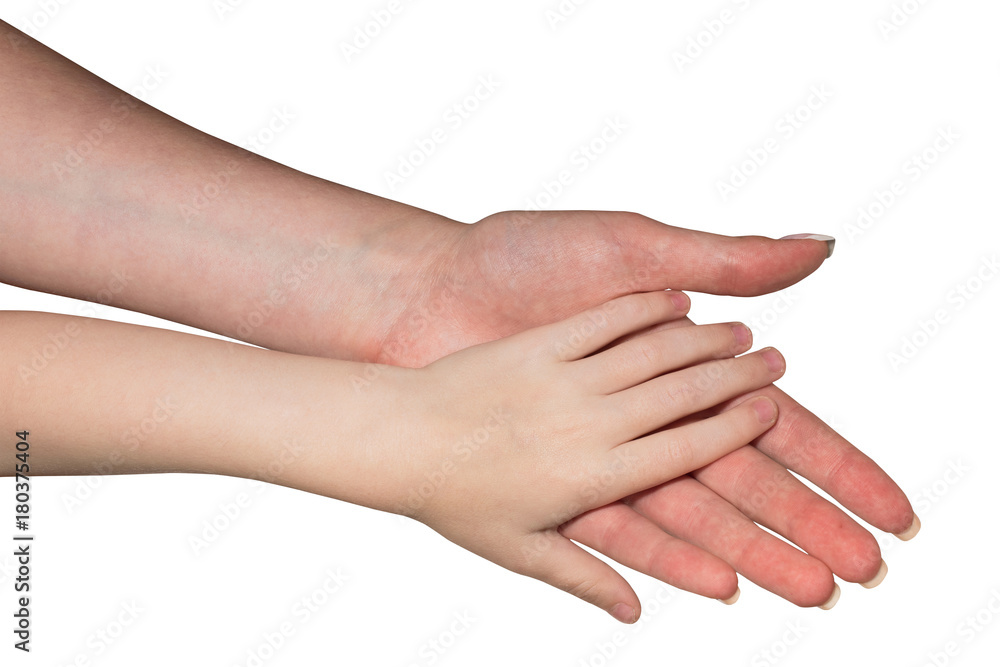 Hand of a child lies on the hands of a woman isolated on a white background Hand of a child lies on the hands of a woman isolated on a white background