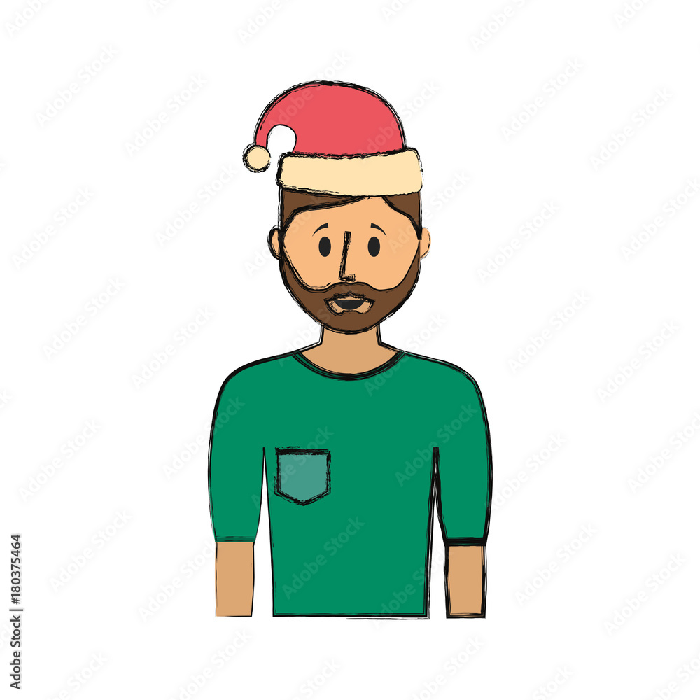 flat line colored man with  santa hat  over  white background  vector illustration