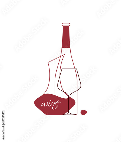 A bottle, a glass and a decanter with red wine. Vector illustration for a menu tasting, wine list. Isolated line icons.