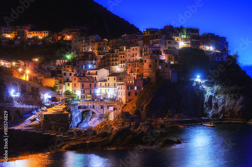 amazing town of manarola at sunrise, italy