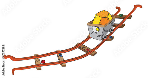 Mining cart on railway loaded by precious crystals ore