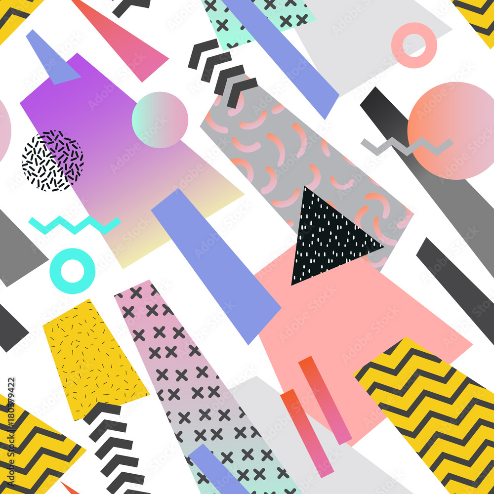 Obraz premium Vintage Memphis Geometric Seamless Pattern. Abstract Shapes Background. 80s 90s Style Composition for Textile, Fabric, Fashion Cover Design. Vector illustration