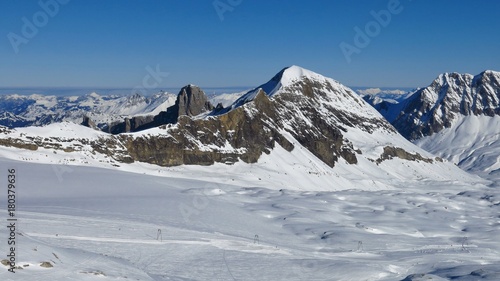 View from the Diablerets glacier ski area. Winter scene in the Swiss Alps.