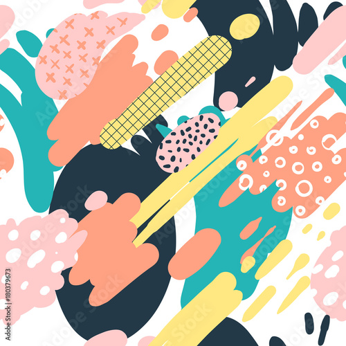 Trendy Seamless Pattern with Brush Strokes in Memphis Style. Abstract Background for Placard, Brochure, Poster, Textule. Vector illustration