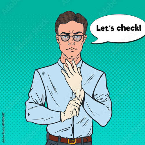 Pop Art Serious Male Inspector Wearing White Gloves. Professional Detective. Vector illustration