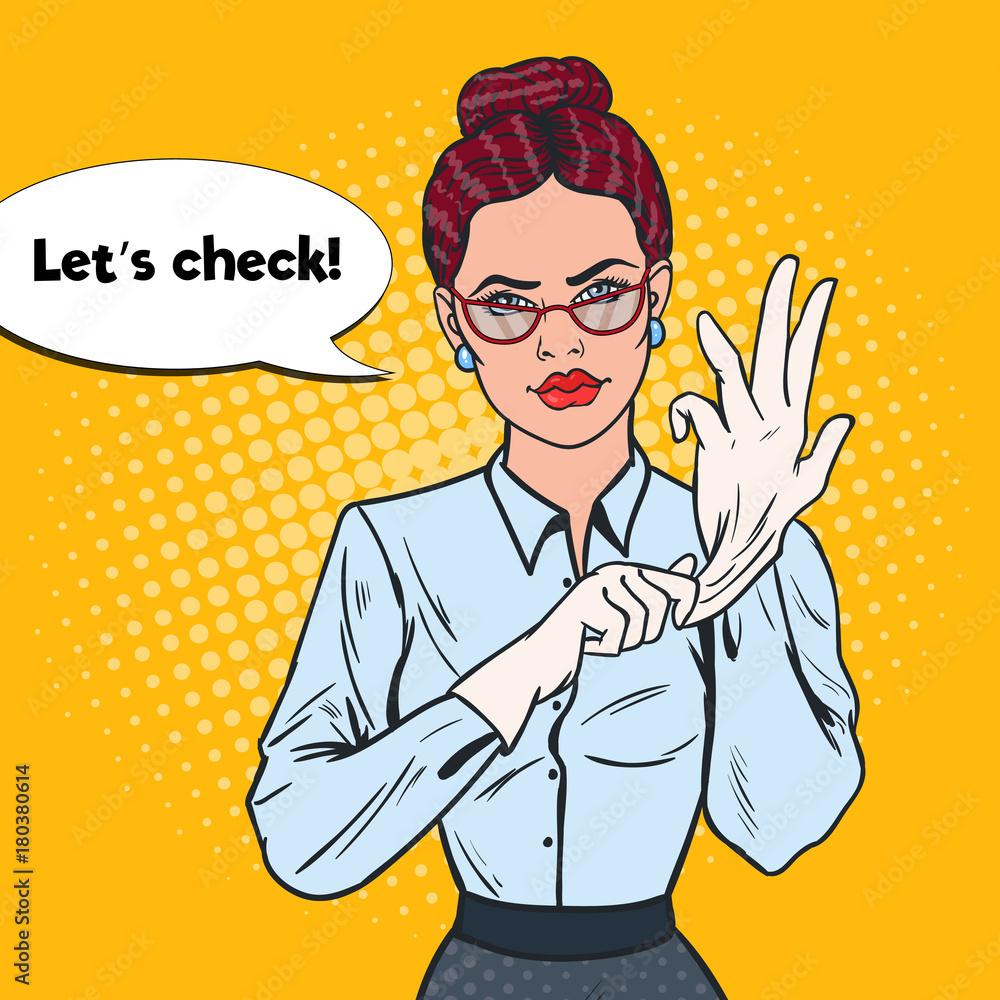 Pop Art Serious Female Inspector Wearing White Gloves. Professional Investigator. Vector illustration Pop Art Serious Female Inspector Wearing White Gloves. Professional Investigator. Vector illustration