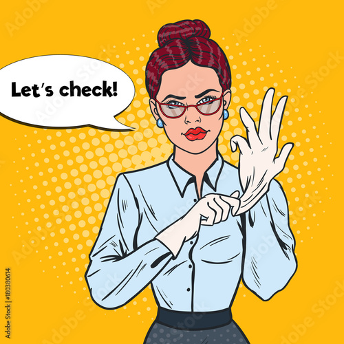 Pop Art Serious Female Inspector Wearing White Gloves. Professional Investigator. Vector illustration