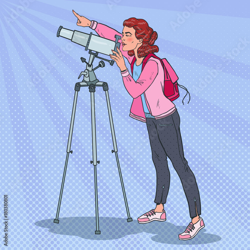 Pop Art Young Woman Looking Through a Telescope on the Sky. Astronomical Equipment. Vector illustration
