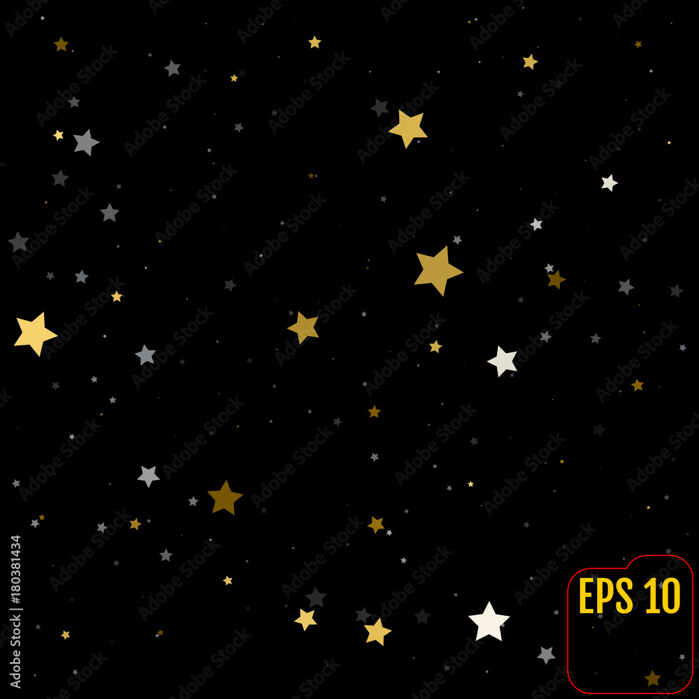 Gold and silver star confetti rain festive holiday background. Vector silver and golden paper foil stars falling down isolated on black background.