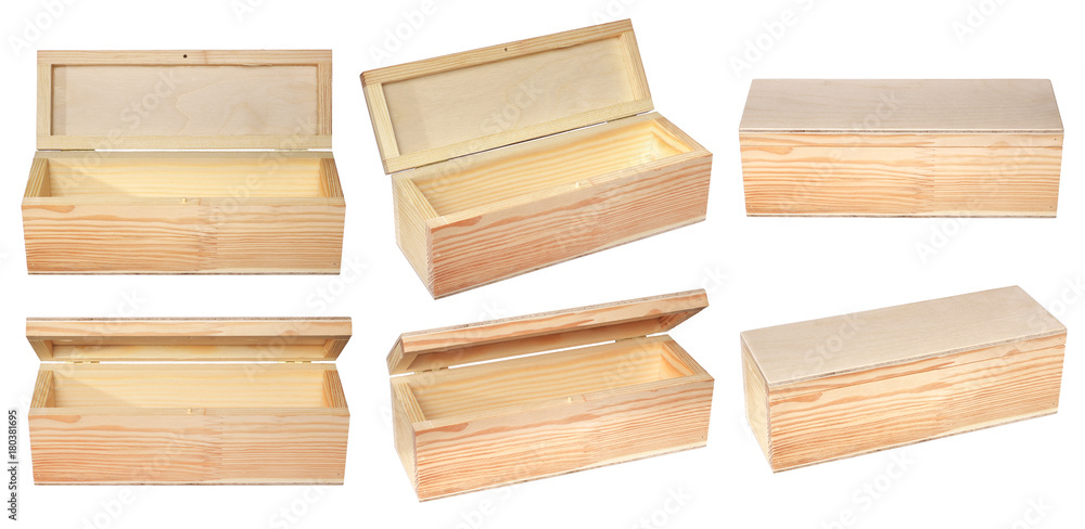 Narrow raw wooden boxes for small items. Isolated on white background. Narrow raw wooden boxes for small items. Isolated on white background.