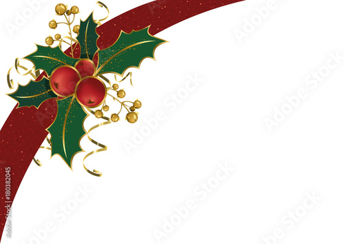 Christmas Background with Holly and Golden Decoration and Confetti and Red Sparkling Ribbon on White - Illustration, Vector