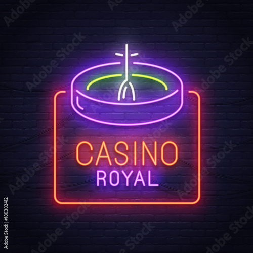 Roulette game neon sign. Neon sign. Casino logo, emblem and label. Bright signboard, light banner. 