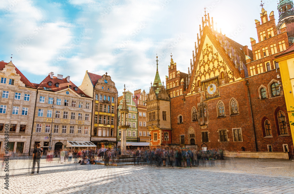 Obraz Fantastic view of the ancient city hall Wroclaw (Ratusz Wrocławski). Picturesque scene. Location famous Market Square, Poland, Europe. Historical capital of Silesia. Beauty world.