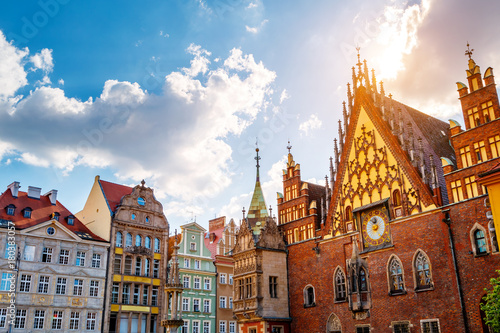 Fantastic view of the ancient city hall Wroclaw (Ratusz Wrocławski). Picturesque scene. Location famous Market Square, Poland, Europe. Historical capital of Silesia. Beauty world.