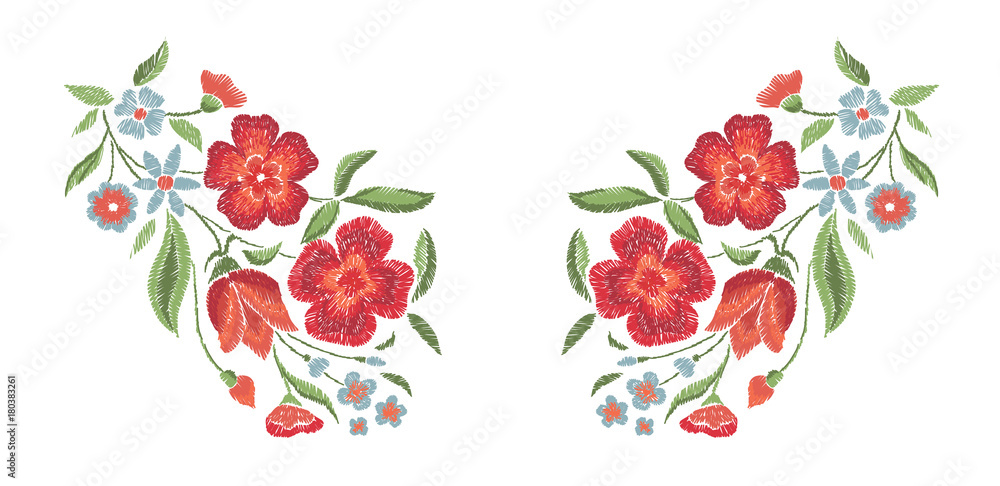 Fototapeta premium Embroidered flowers on a white background. Vector floral print.