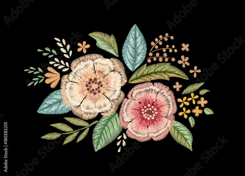 Embroidered bouquet of wildflowers. Floral print.