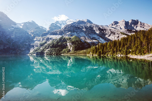 Panorama of the azure lake Oeschinensee. Swiss alps, Kandersteg.