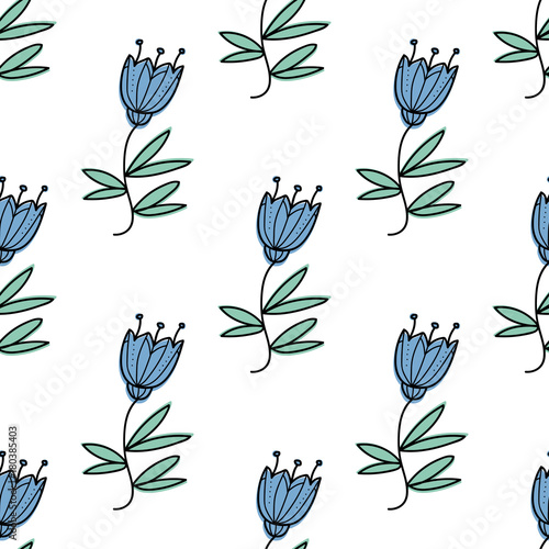 Vector seamless pattern with blue bluebell flowers.