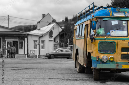 old bus in mountain village