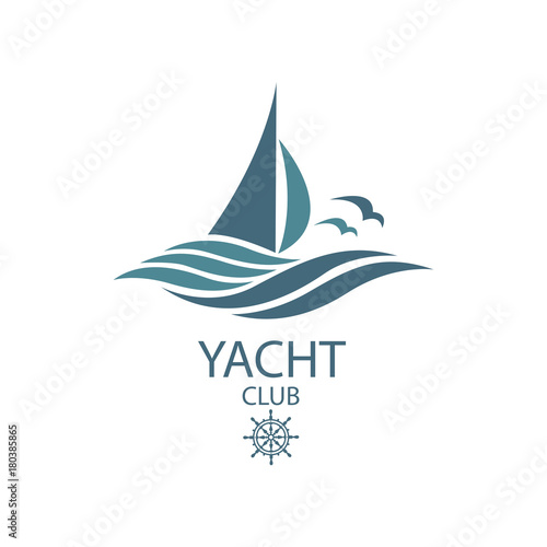 icon of sailing yacht and ocean waves with seagulls