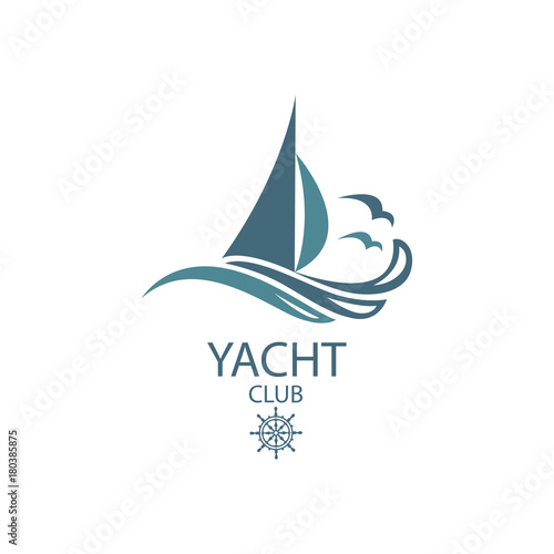 icon of sailing yacht and ocean waves with seagulls