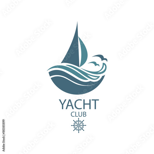 icon of sailing yacht and ocean waves with seagulls