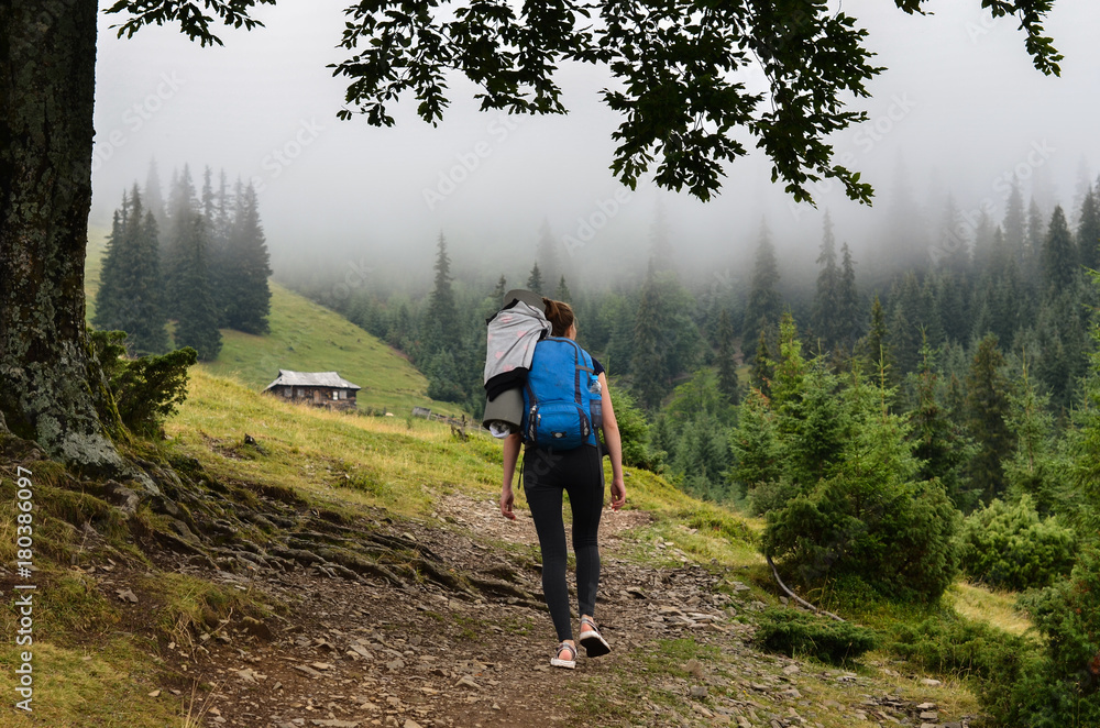 alone woman in misty mountain forest