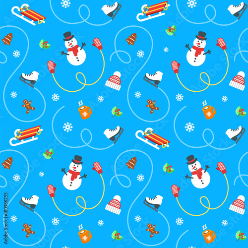 Winter holidays seamless pattern. Flat vector illustration. Simple objects scattered on blue background. Cartoon style wrapping paper design. Kids activity in cold season. Colorful fabric print