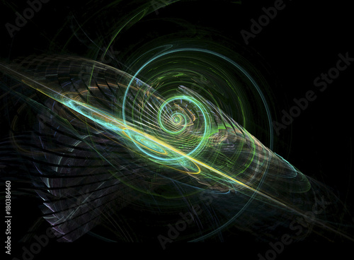 Supersonic snail, fractal art on black. Fibonacci maths.