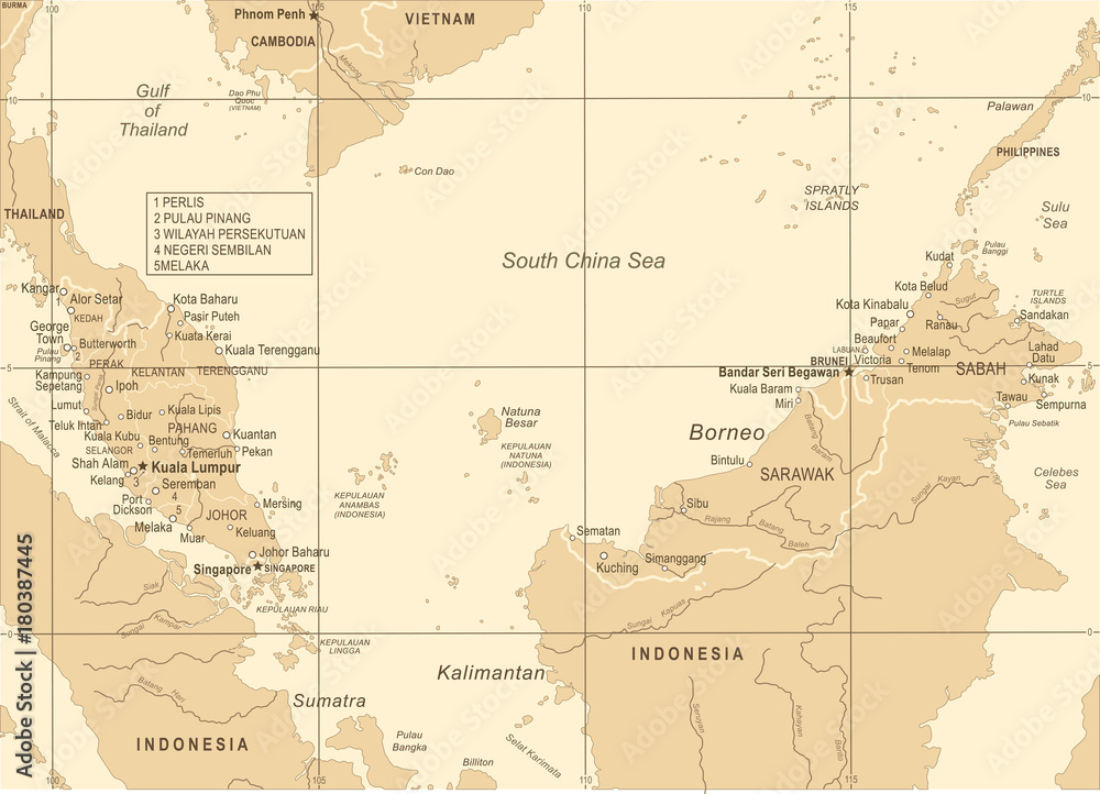 Malaysia Map - Vintage Vector Illustration