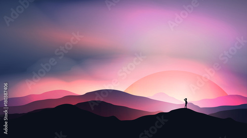 Sunset or Dawn Over Mountains with Man Staring into the Distance Landscape - Vector Illustration.