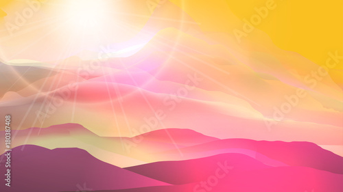 Sunset or Dawn Over Silk Mountains Landscape - Vector Illustration.