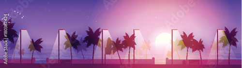 Beach Walkway at Sunset Panorama with Palm Trees  - Vector Illustration