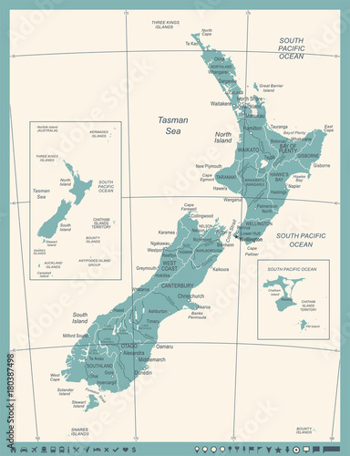 Fotografie, Obraz New Zealand Map - Vintage Vector Illustration