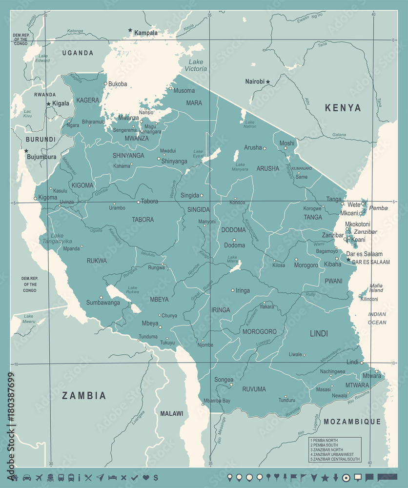 Tanzania Map - Vintage Vector Illustration - obrazy, fototapety, plakaty 