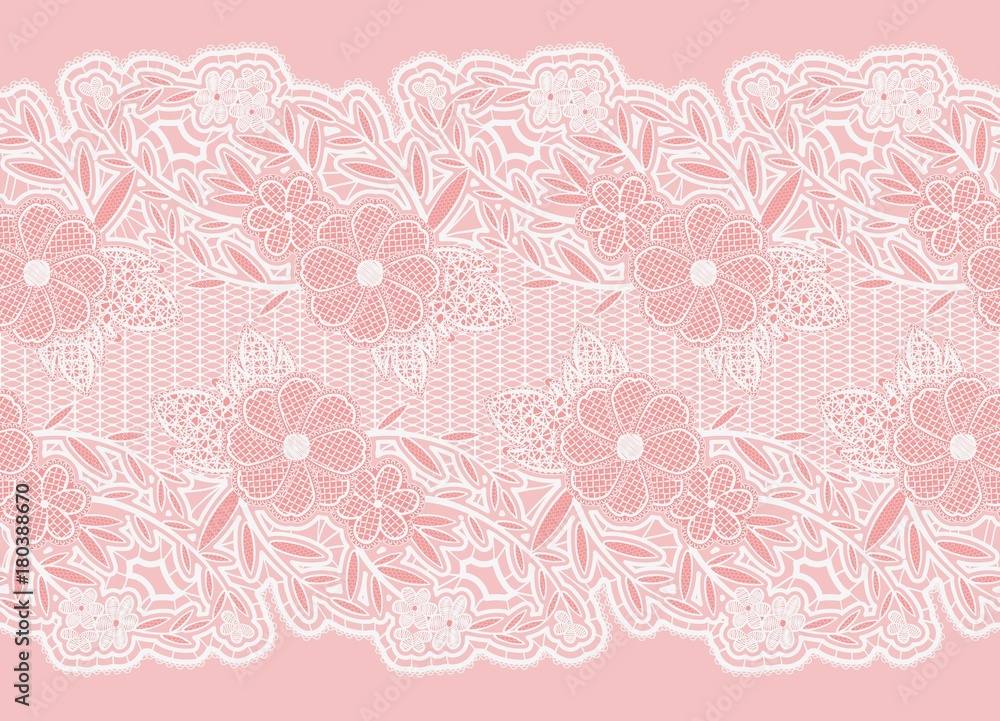 Seamless wide lace ribbon. White delicate flowers on a pink background. Seamless wide lace ribbon. White delicate flowers on a pink background.