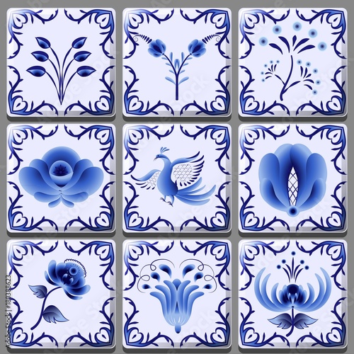 Blue pattern in the form of ceramic tiles with a national painting.