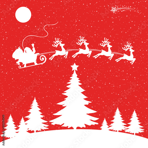 Santa Claus flyin on Christmas sleigh on red background – for stock