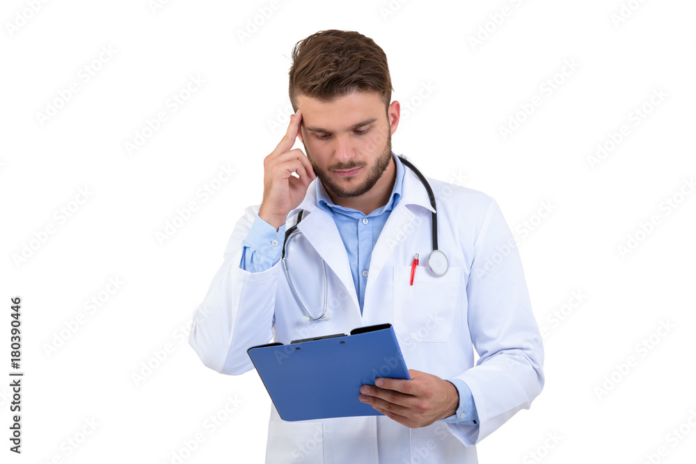 Young Worried doctor with pensive gesture isolated on white background Young Worried doctor with pensive gesture isolated on white background