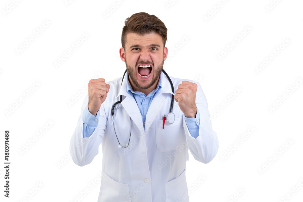 Young Frustrated doctor over isolated white background Young Frustrated doctor over isolated white background