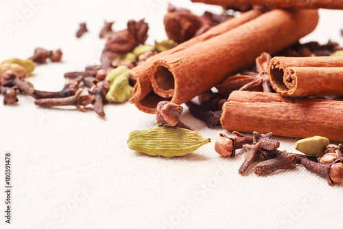 Spices cinnamon sticks anise stars and cloves