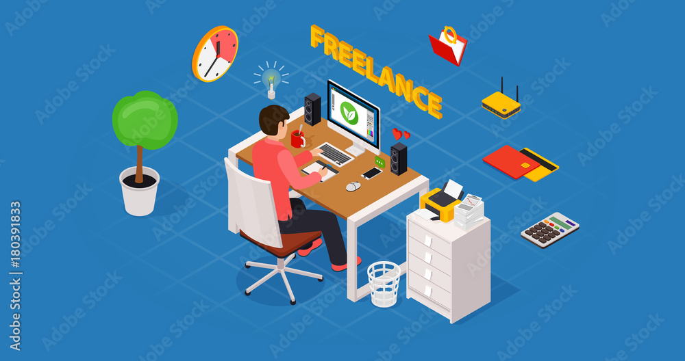 Obraz premium Colored 3d isometric freelance designer workplace vector concept illustration.