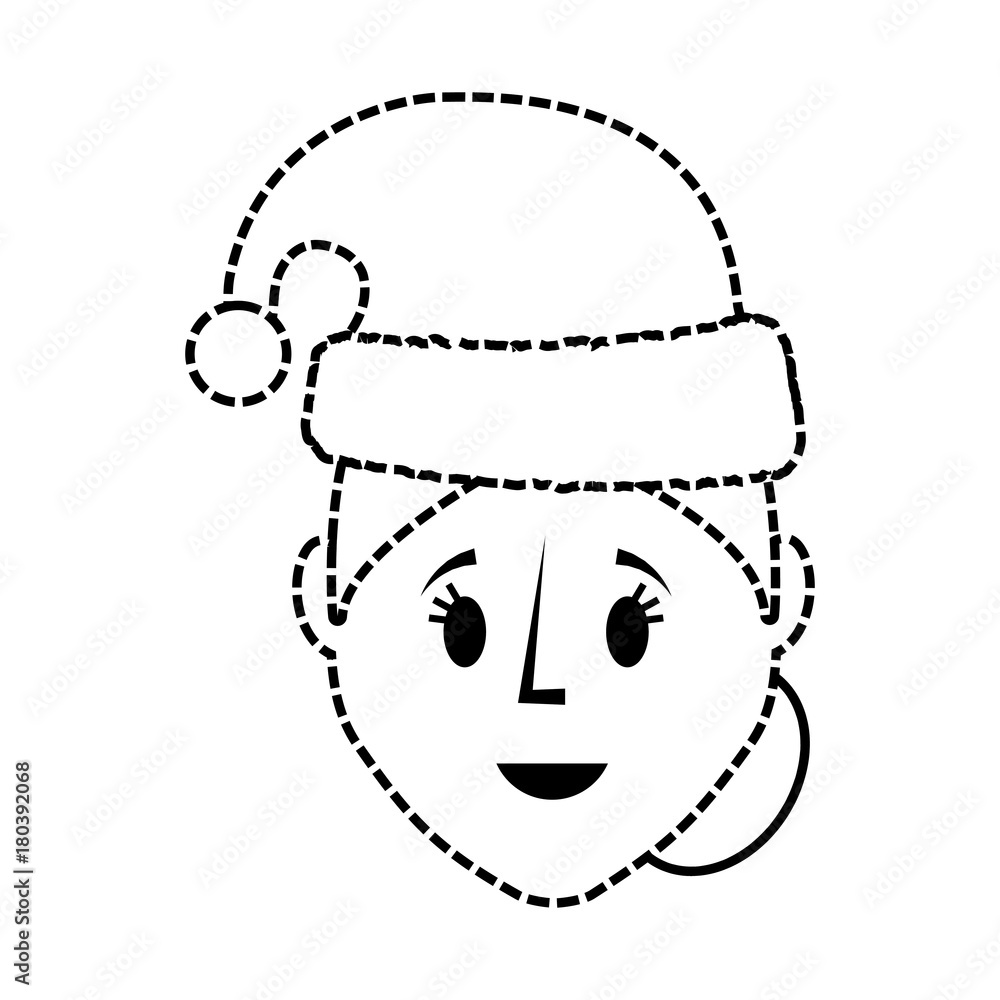 flat line uncolored  woman face with santa hat  sticker over white background  vector illustration