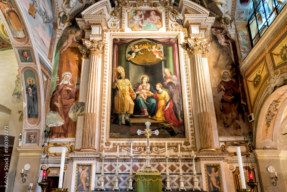Interior of Hermitage of Santa Caterina del Sasso, is rock face directly overhanging the lake Maggiore, Leggiuno, Italy